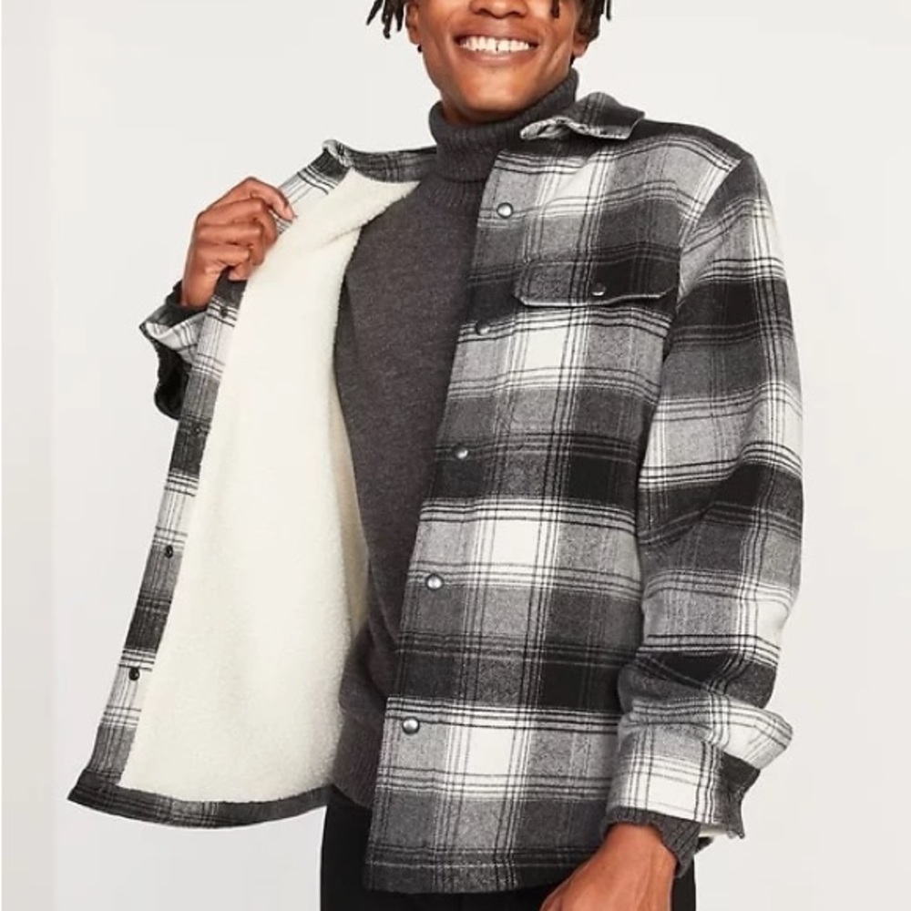 Old Navy Black & White Plaid Wool-Blend Sherpa-Lined Shacket